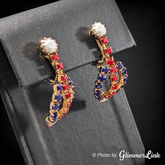 Vintage Red White & Blue Rhinestone Patriotic Dangle Gold Tone Clip On Earrings - Picture 2 of 10